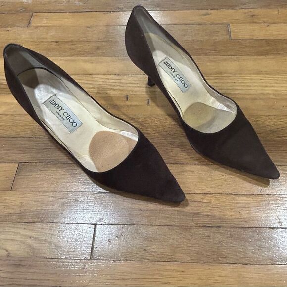 Jimmy Choo Suede Leather Romy 60MM Chocolate Brown Kitten Heel Pointed Toe Pumps - Picture 12 of 16